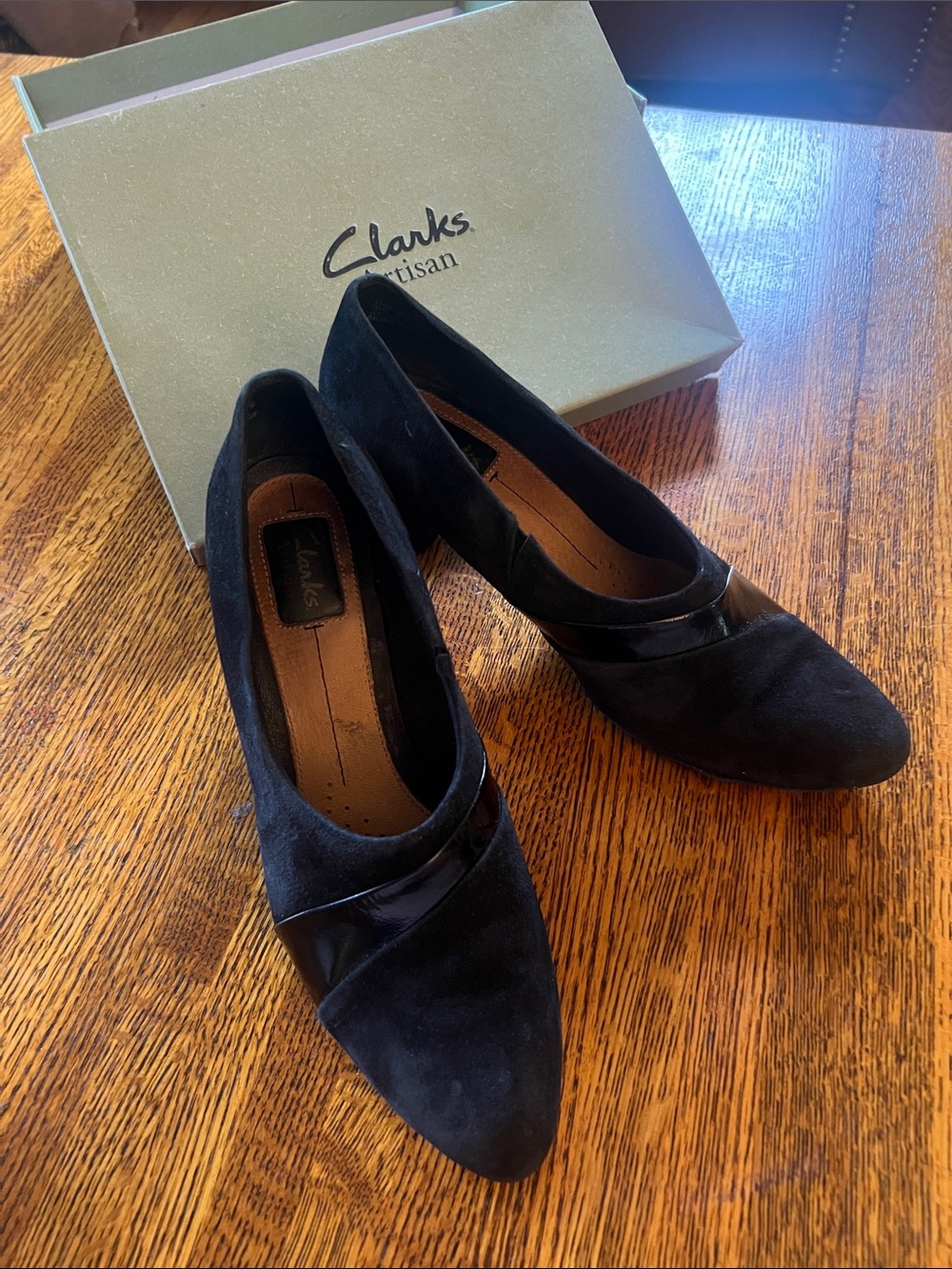 Clarks Black Suede Women’s Heeled Pumps with Patent Trim